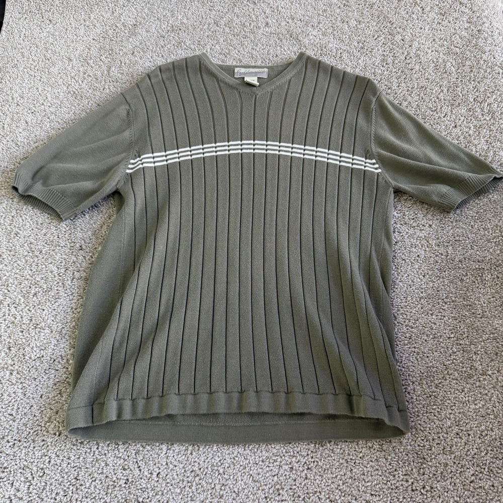 Vintage Fieldmaster Sweater Mens Med Green Tight Knit V Neck Stripe Short Sleeve